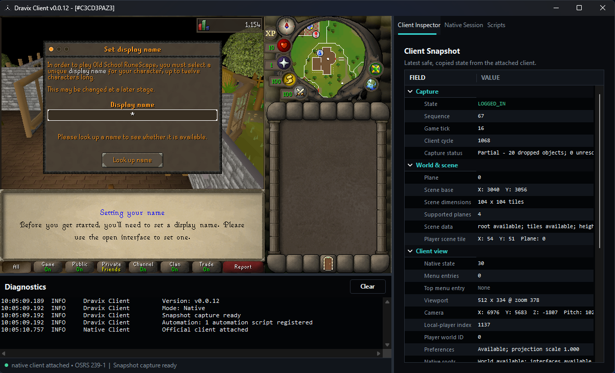 Dravix Client with the official OSRS surface, copied native snapshot inspector, scripts and diagnostics