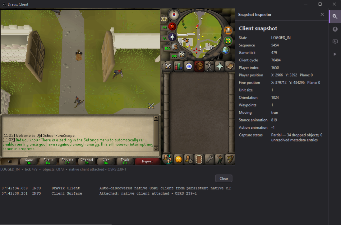 Dravix Client showing an in-game OSRS session, mapped runtime state, and native client logs